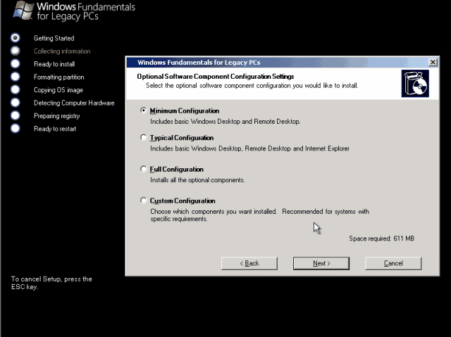 Minimum Config - 611Mb
Typical - 650mb
Full - 1150Mb