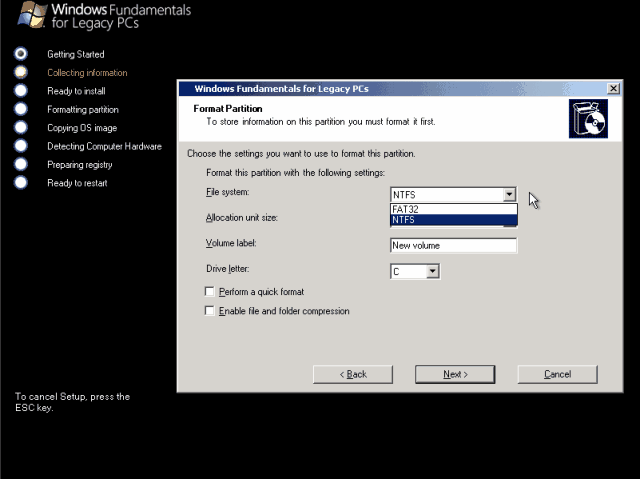 NTFS/FAT, All the options we'd expect. Like I said earlier, odd that this is no longer in a text mode. Formatting/partitioning (