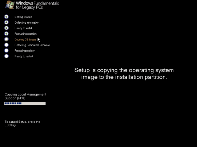 Starting the copying. It seems that this Initial GUI is just copying files or something, lots of installing to go..