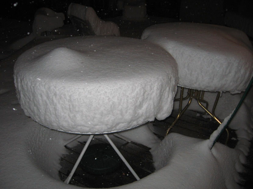 Snow on my tables on the back porch.