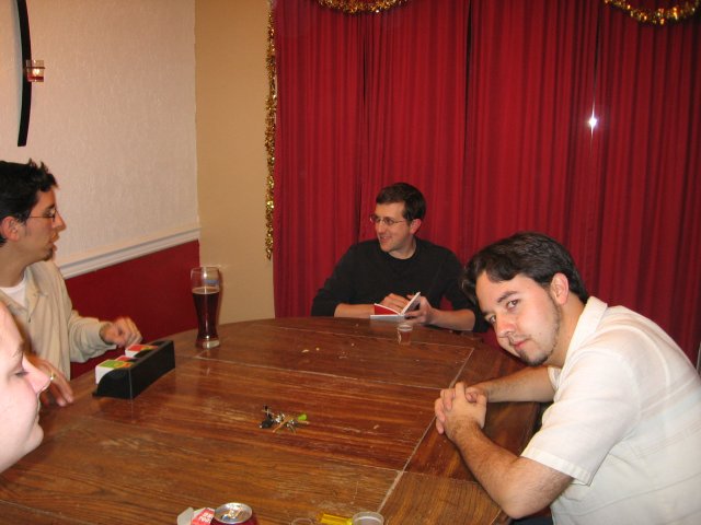 Tara, Cory, Mark and James. Pre-confusion on how to play while drunk.