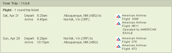 1 Adult, From Albuq -> Norfolk, then Norfolk -> Albuq.